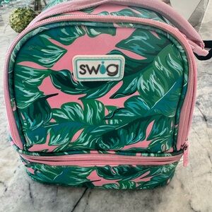 Swig Pink and Green Leaf Print Lunch Bag